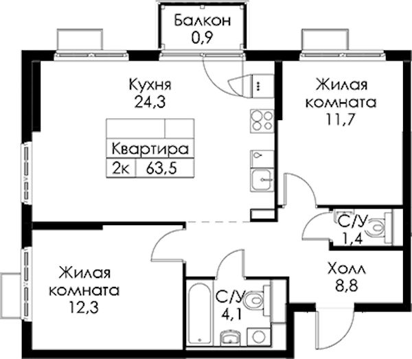 2-комнатная квартира 63.5 м², 2/13 эт., ЖК «Кантемировская 11»